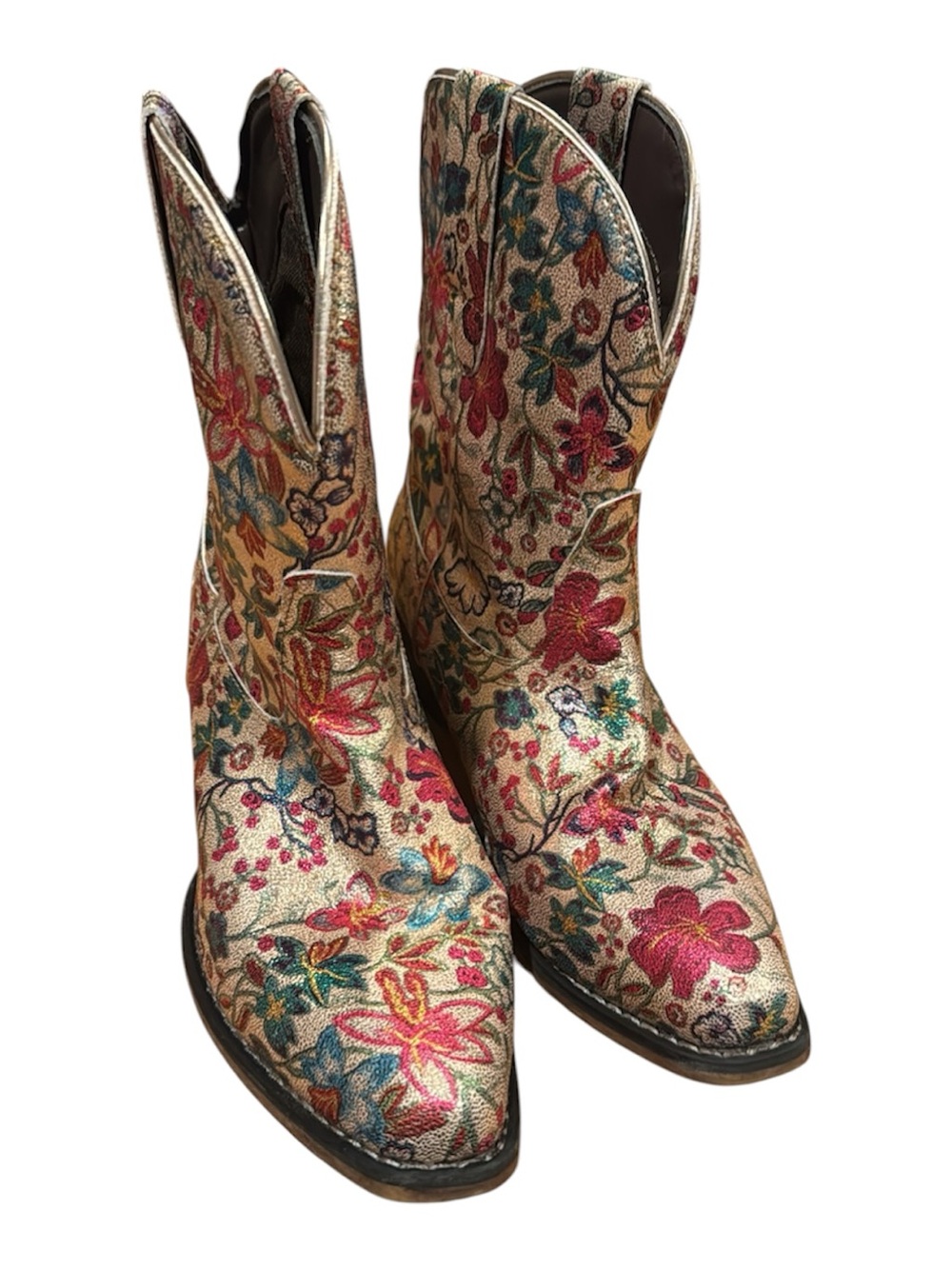 Roper Floral Metallic Cowboy Boots - Cream with Pink, Blue & Green